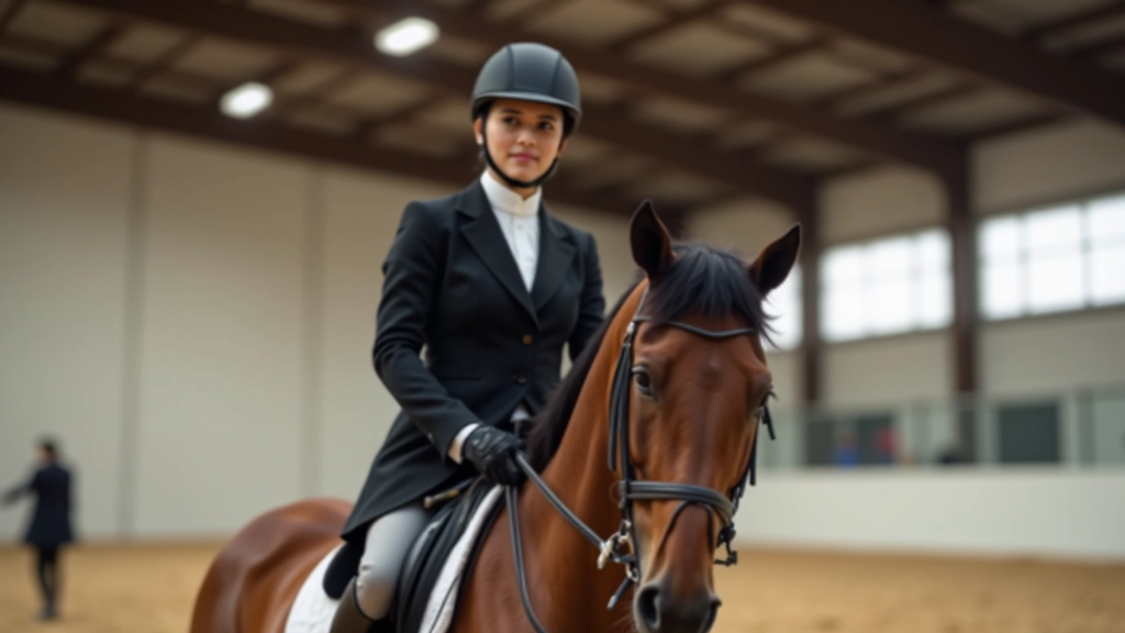 فارس محترف يمارس تمارين الترويض في حلبة داخلية بإضاءة حديثة مع خيل بني اللون