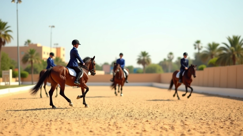 مجموعة من متدربي الفروسية يركبون الخيل في حلبة تدريب كبيرة